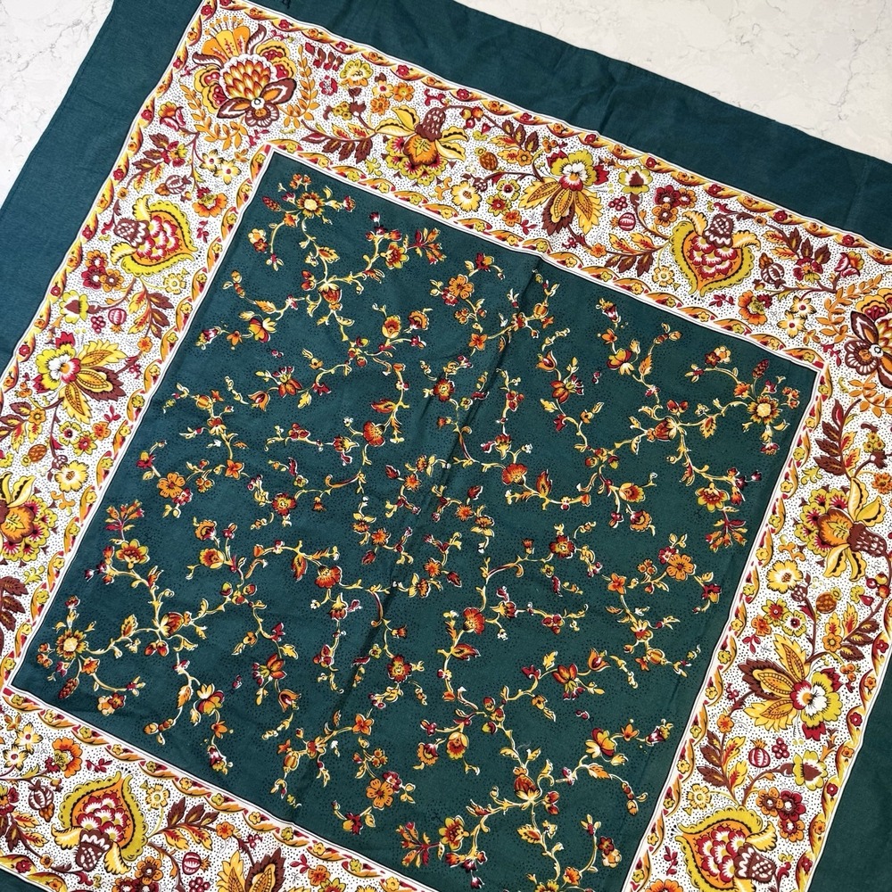 VTG Valdrome France Green Floral Cotton Scarf 31" X 31" Square Red Yellow Flower